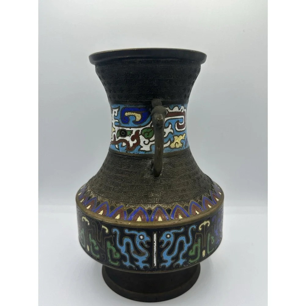 Antique Japanese Enamel‎ Cloisonne Champleve Bronze Vase 10